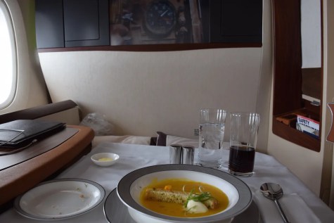 Singapore Airlines A380 Suites - First dish pumpkin soup