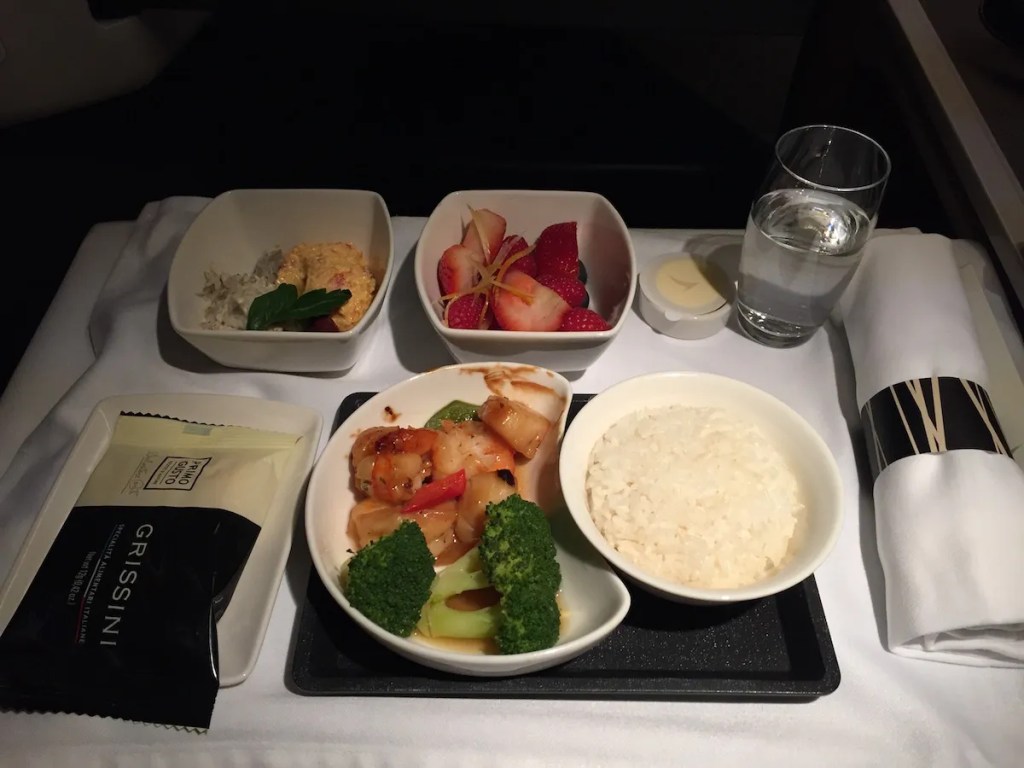 Cathay Pacific Business Class - Dinner trail (scallops and prawns)